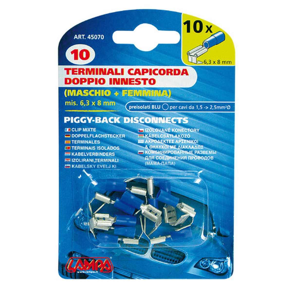 10 terminali - capicorda doppio innesto maschio+femmina - Blu