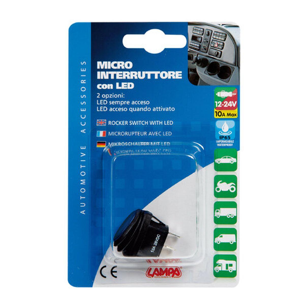 Micro interruttore impermeabile con led - 12/24V - Blu