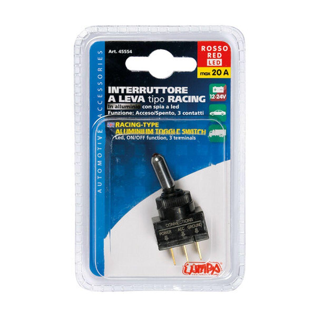 Interruttore a leva tipo Racing, in alluminio con spia a Led - 12/24V - Rosso - 20A