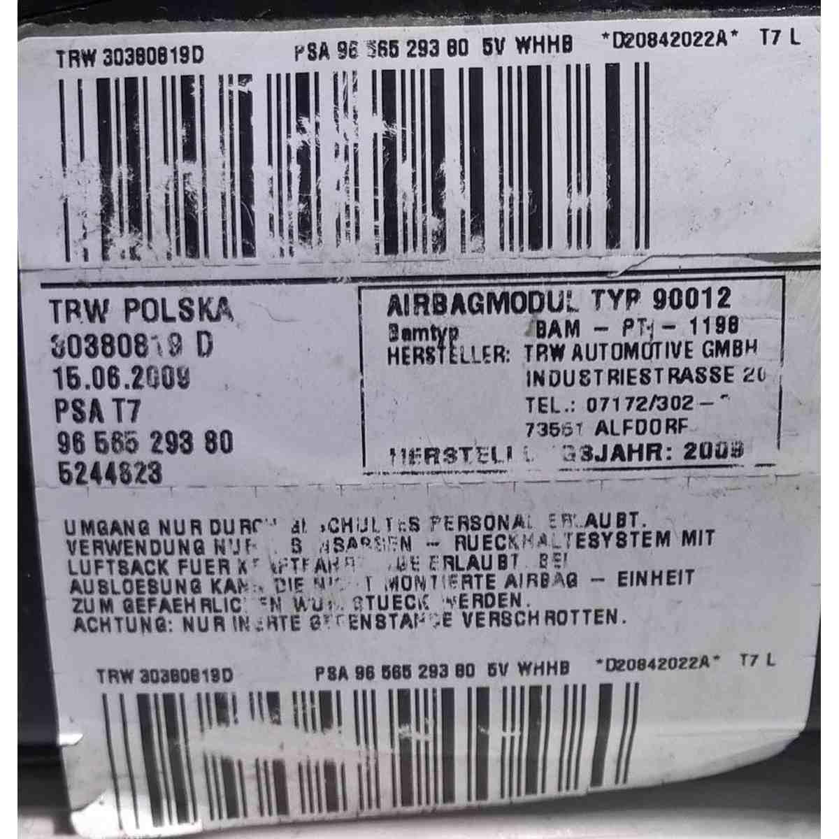 airbag sedile ant dx peugeot 308 1600 hdi 30380819d