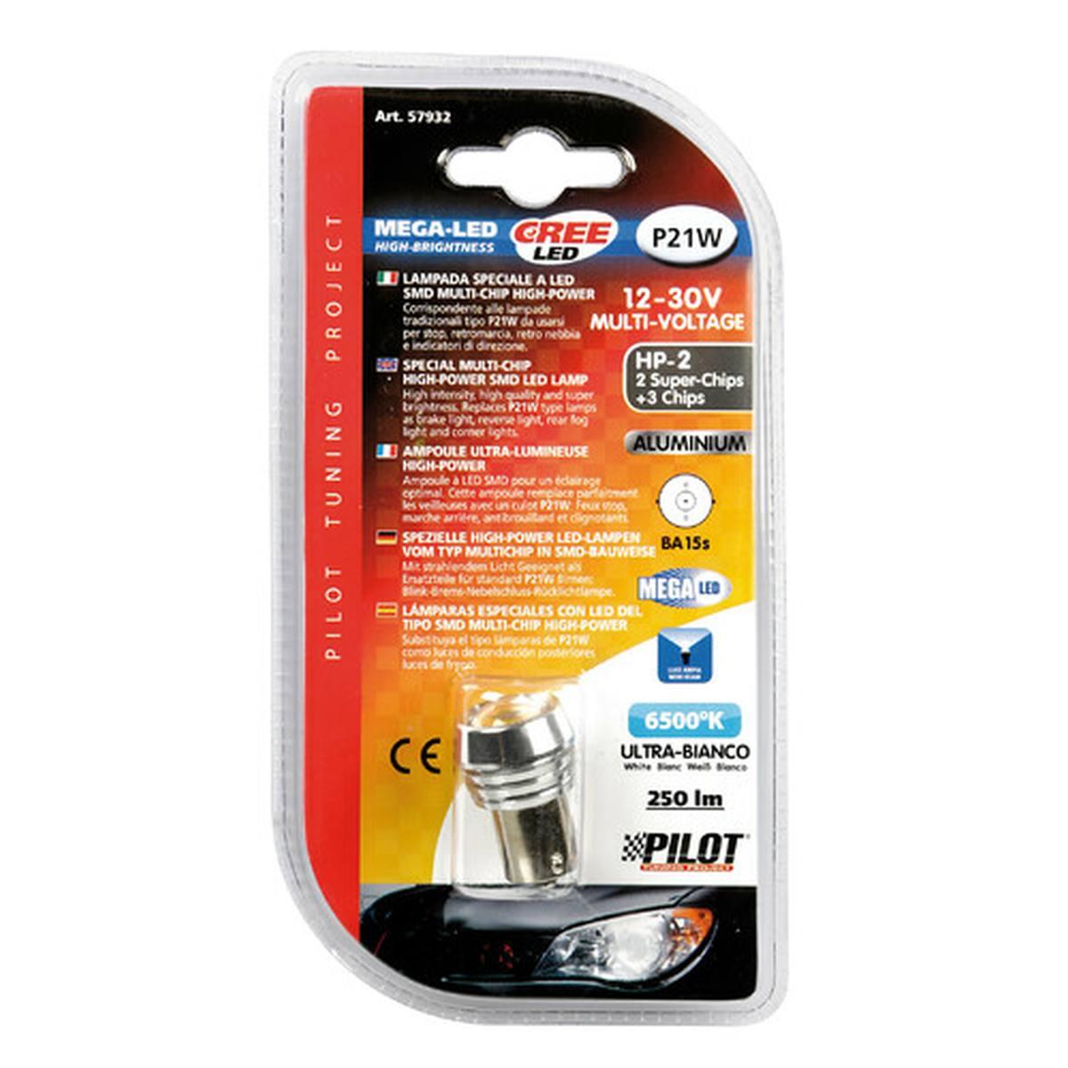 12V Mega-Led 5 - 2 super chips + 3 chips - (P21W) - BA15s - 1 pz - D/Blister - Bianco
