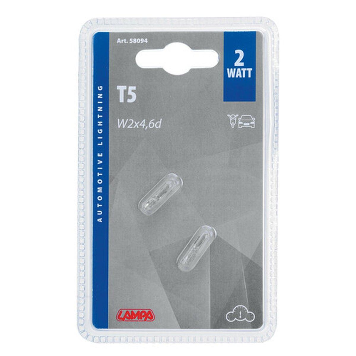 12V Lampada con zoccolo vetro - T5 - 2W - W2x4,6d - 2 pz - D/Blister<br />